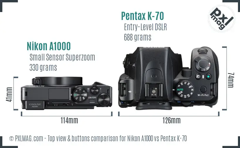 Nikon A1000 vs Pentax K-70 top view buttons comparison