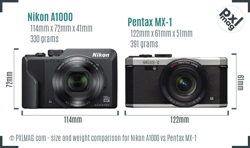Nikon A1000 vs Pentax MX-1 size comparison