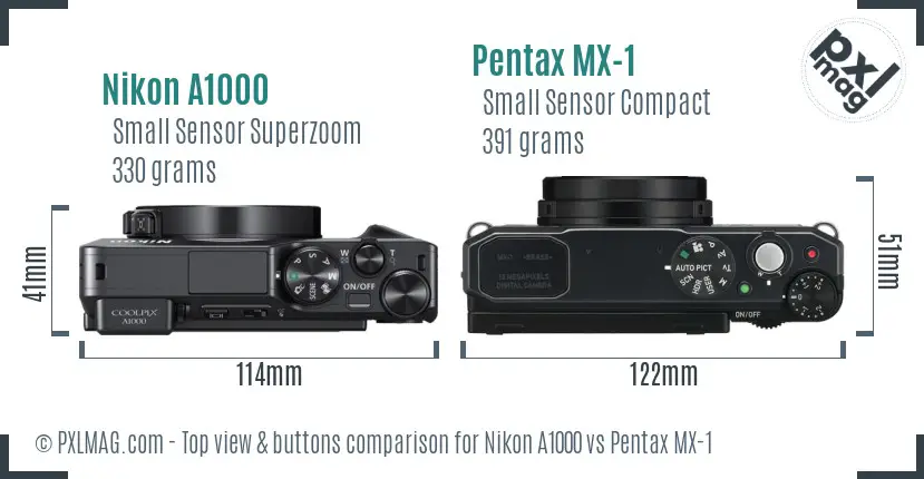Nikon A1000 vs Pentax MX-1 top view buttons comparison