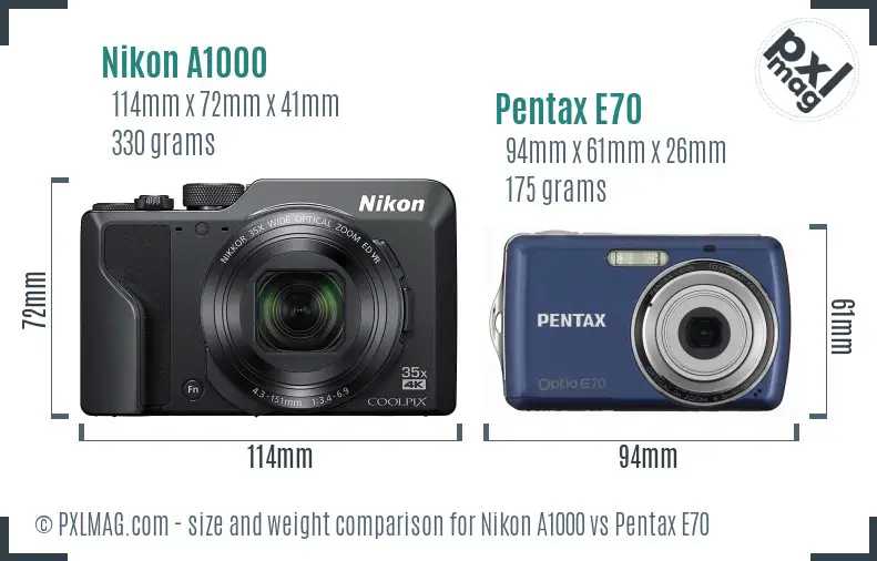 Nikon A1000 vs Pentax E70 size comparison