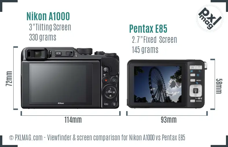 Nikon A1000 vs Pentax E85 Screen and Viewfinder comparison