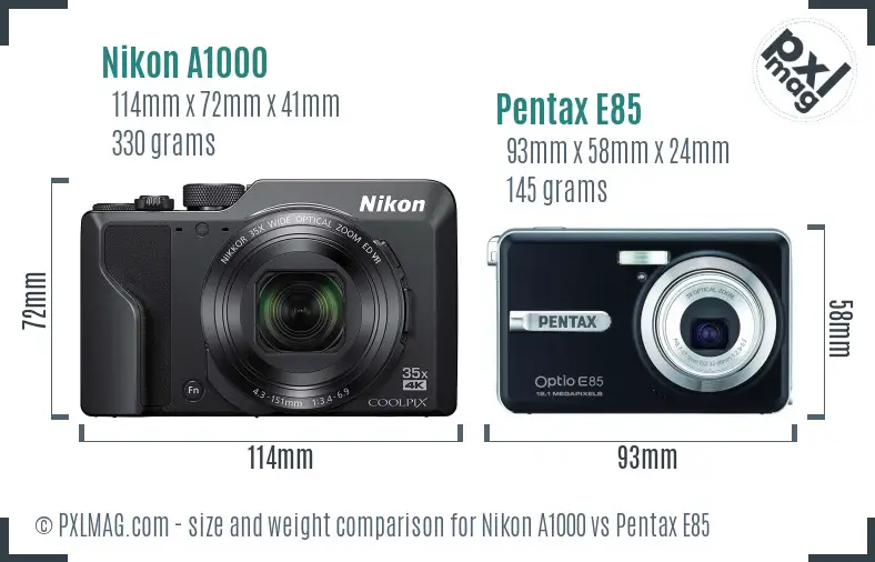 Nikon A1000 vs Pentax E85 size comparison