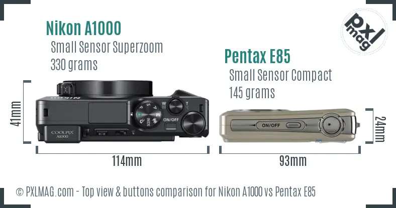 Nikon A1000 vs Pentax E85 top view buttons comparison