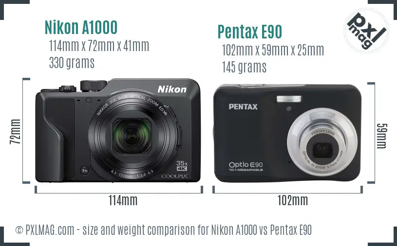 Nikon A1000 vs Pentax E90 size comparison