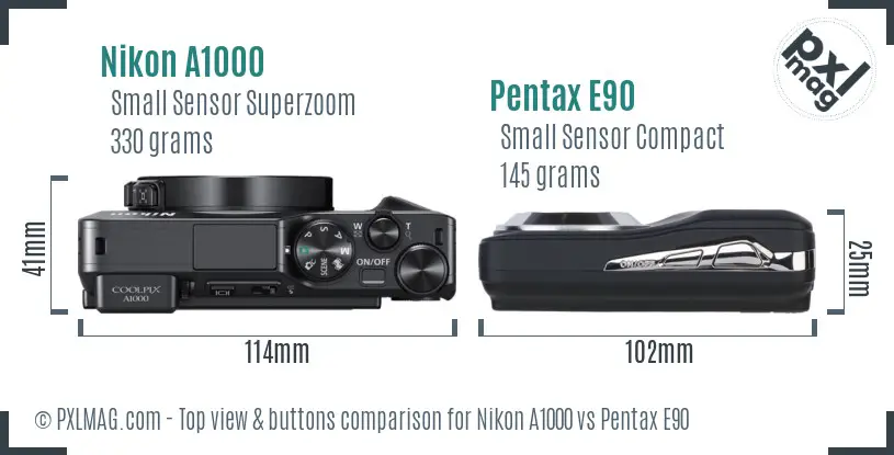 Nikon A1000 vs Pentax E90 top view buttons comparison