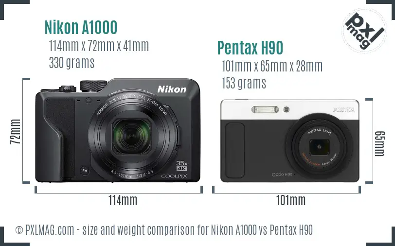 Nikon A1000 vs Pentax H90 size comparison