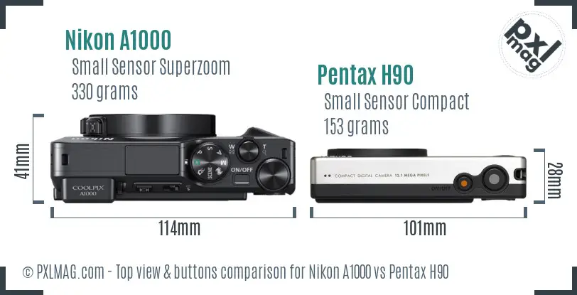 Nikon A1000 vs Pentax H90 top view buttons comparison