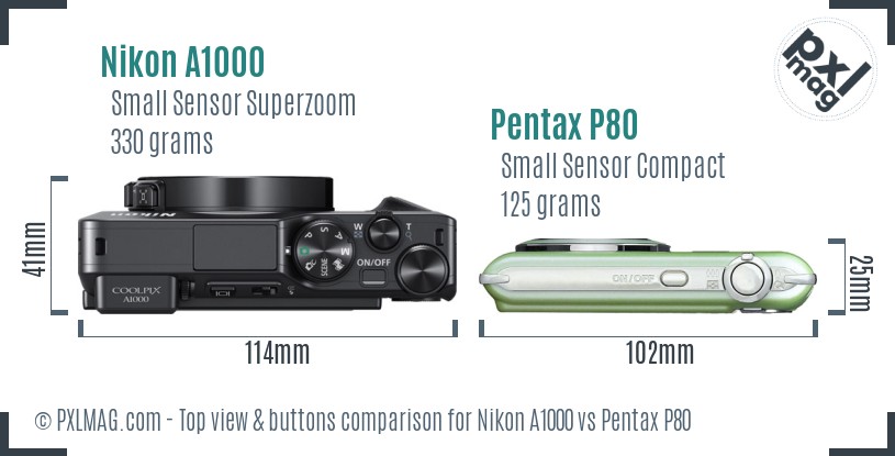 Nikon A1000 vs Pentax P80 top view buttons comparison