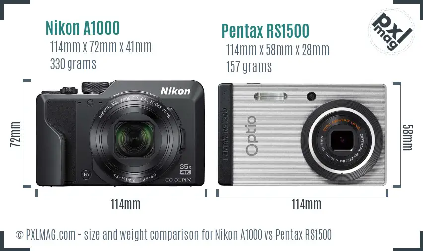 Nikon A1000 vs Pentax RS1500 size comparison