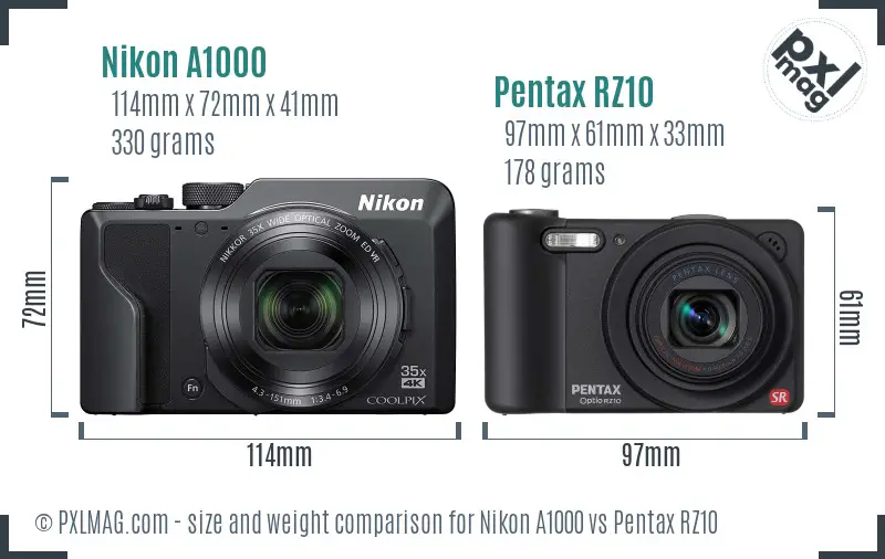 Nikon A1000 vs Pentax RZ10 size comparison