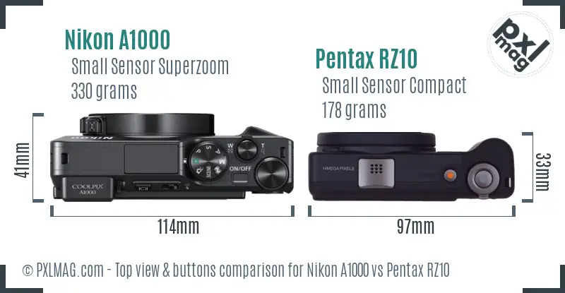 Nikon A1000 vs Pentax RZ10 top view buttons comparison