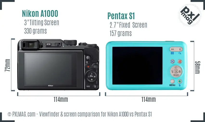 Nikon A1000 vs Pentax S1 Screen and Viewfinder comparison