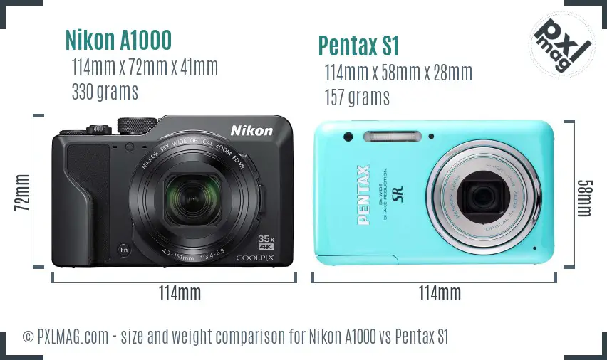 Nikon A1000 vs Pentax S1 size comparison