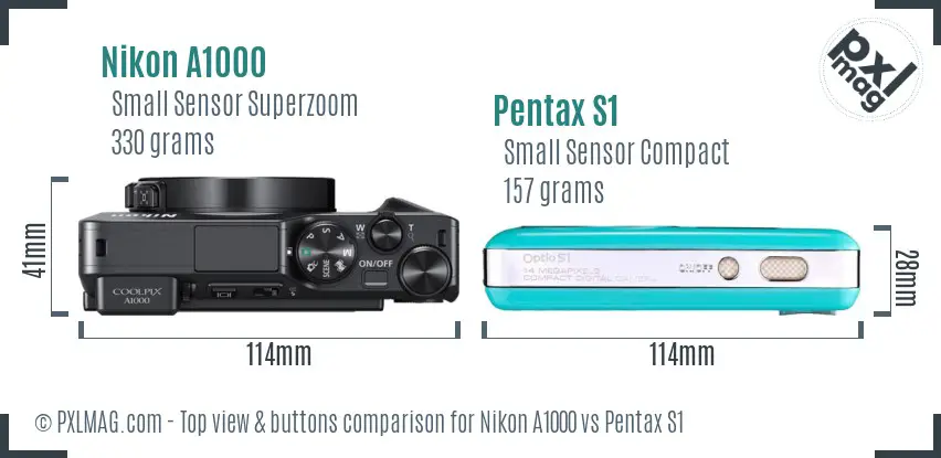 Nikon A1000 vs Pentax S1 top view buttons comparison