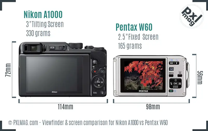 Nikon A1000 vs Pentax W60 Screen and Viewfinder comparison