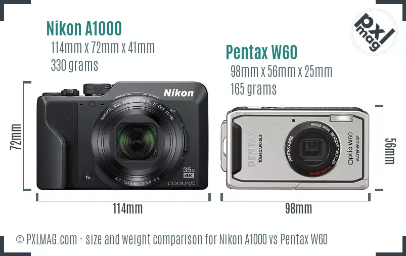 Nikon A1000 vs Pentax W60 size comparison