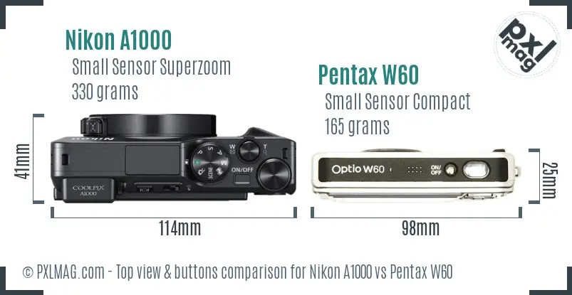 Nikon A1000 vs Pentax W60 top view buttons comparison