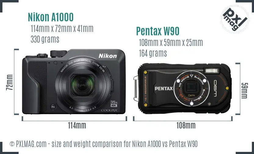 Nikon A1000 vs Pentax W90 size comparison