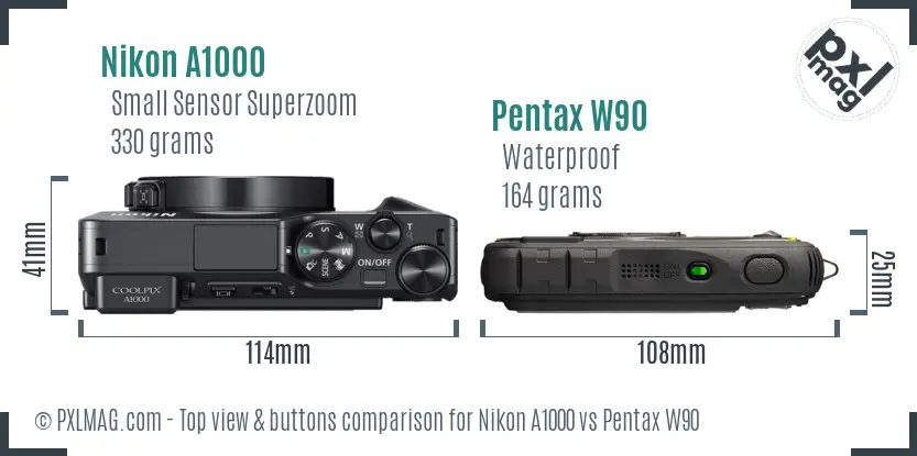 Nikon A1000 vs Pentax W90 top view buttons comparison