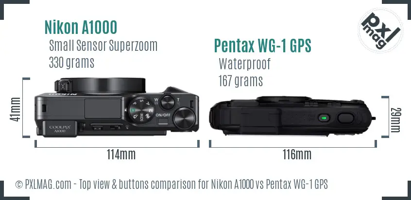 Nikon A1000 vs Pentax WG-1 GPS top view buttons comparison Nikon A1000 vs Pentax WG-1 GPS top view buttons comparison