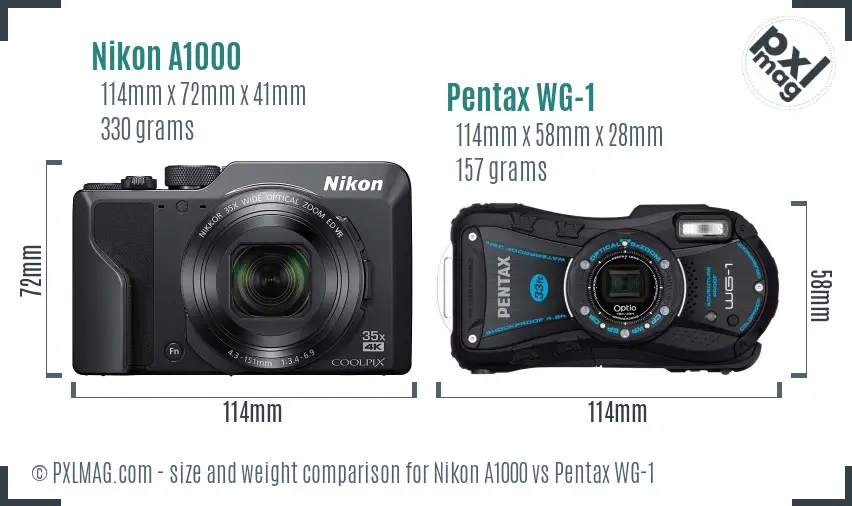 Nikon A1000 vs Pentax WG-1 size comparison