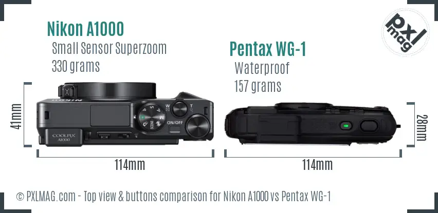 Nikon A1000 vs Pentax WG-1 top view buttons comparison