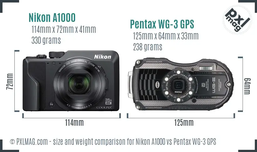 Nikon A1000 vs Pentax WG-3 GPS size comparison Nikon A1000 vs Pentax WG-3 GPS size comparison