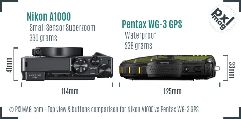 Nikon A1000 vs Pentax WG-3 GPS top view buttons comparison Nikon A1000 vs Pentax WG-3 GPS top view buttons comparison