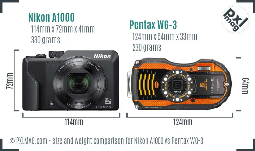 Nikon A1000 vs Pentax WG-3 size comparison