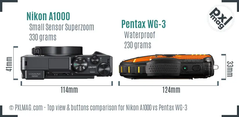 Nikon A1000 vs Pentax WG-3 top view buttons comparison