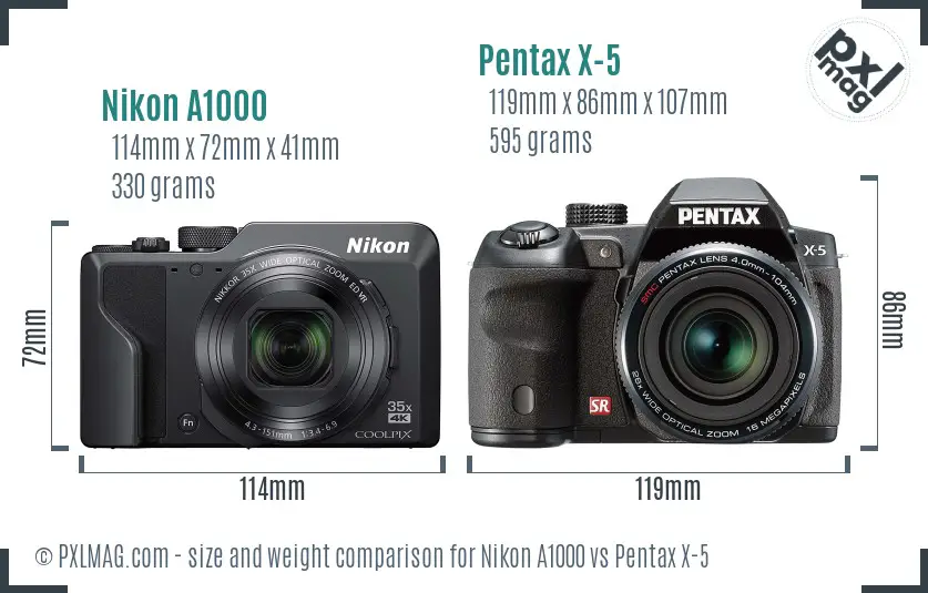 Nikon A1000 vs Pentax X-5 size comparison