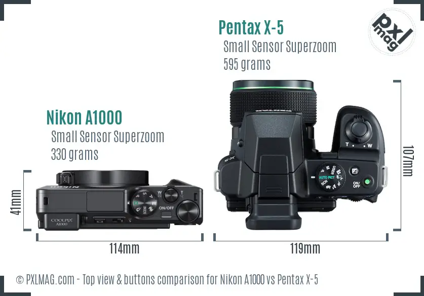 Nikon A1000 vs Pentax X-5 top view buttons comparison
