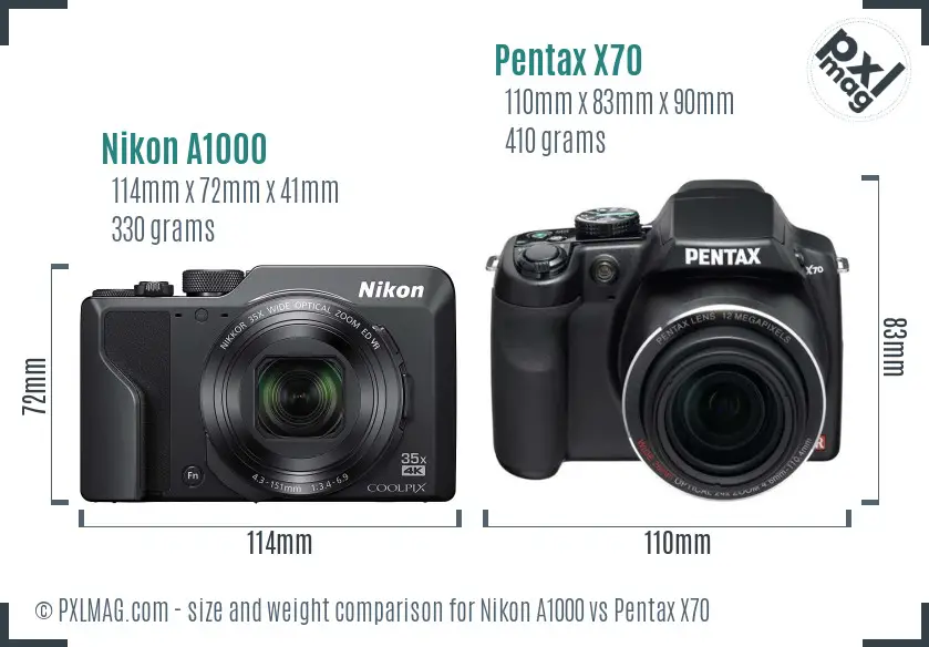 Nikon A1000 vs Pentax X70 size comparison