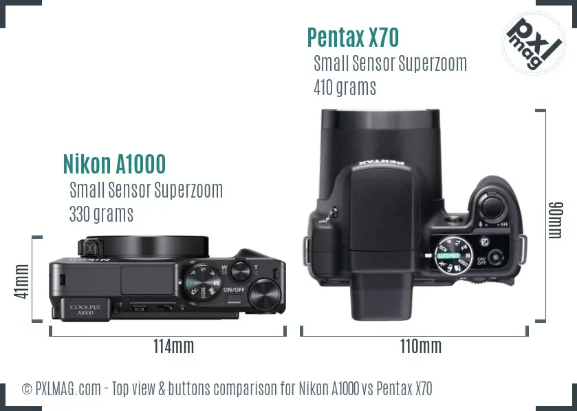 Nikon A1000 vs Pentax X70 top view buttons comparison