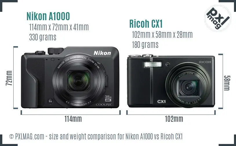 Nikon A1000 vs Ricoh CX1 size comparison