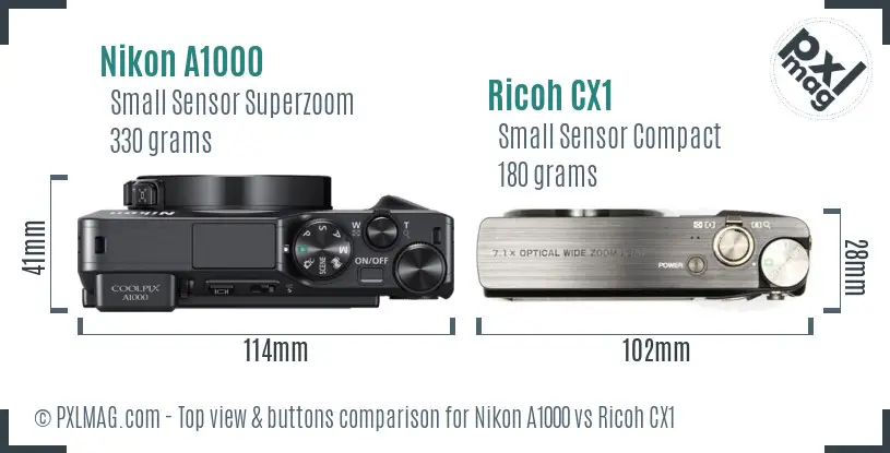 Nikon A1000 vs Ricoh CX1 top view buttons comparison