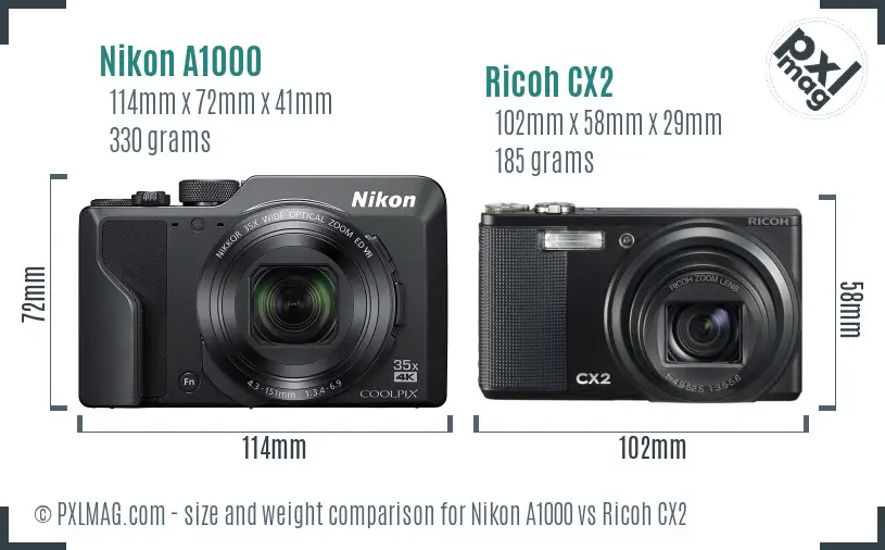Nikon A1000 vs Ricoh CX2 size comparison