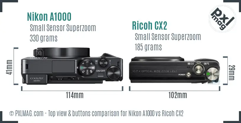 Nikon A1000 vs Ricoh CX2 top view buttons comparison