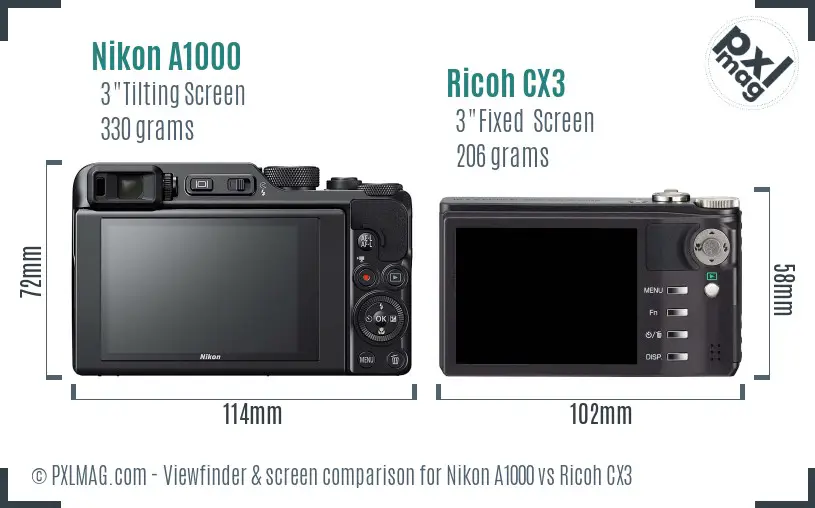 Nikon A1000 vs Ricoh CX3 Screen and Viewfinder comparison