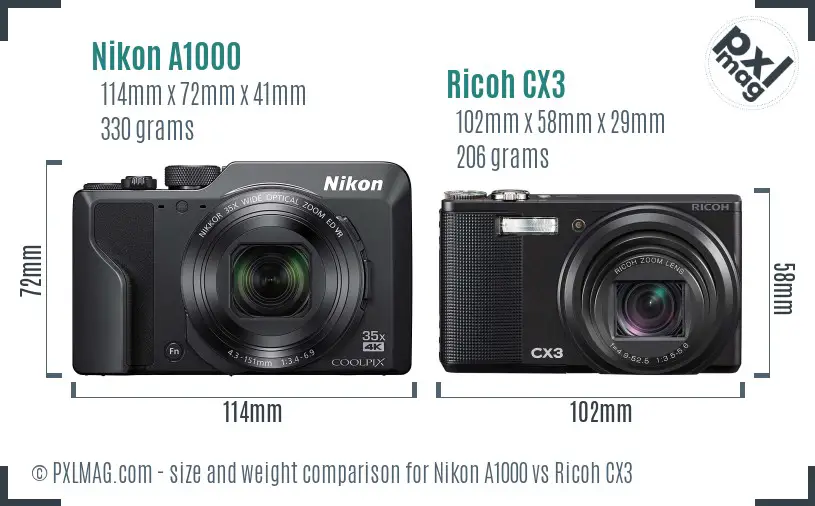 Nikon A1000 vs Ricoh CX3 size comparison