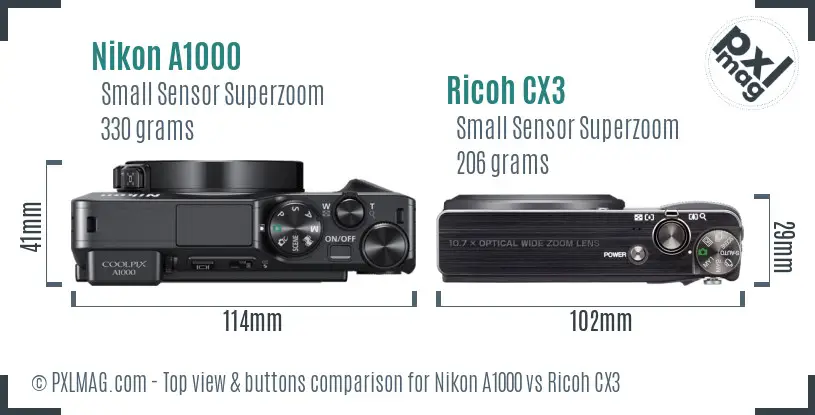 Nikon A1000 vs Ricoh CX3 top view buttons comparison