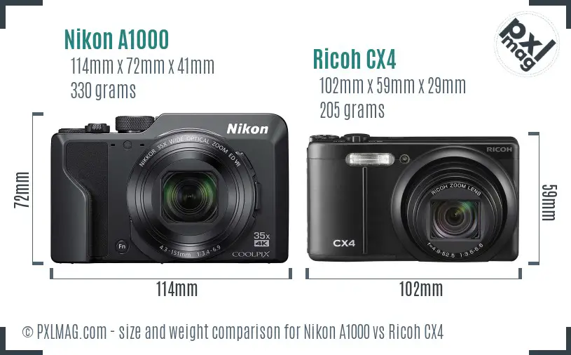 Nikon A1000 vs Ricoh CX4 size comparison