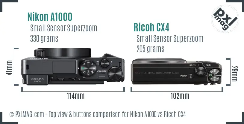 Nikon A1000 vs Ricoh CX4 top view buttons comparison