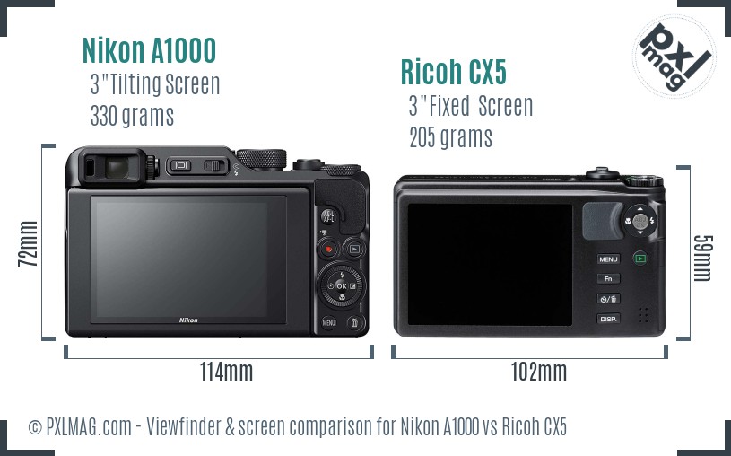 Nikon A1000 vs Ricoh CX5 Screen and Viewfinder comparison