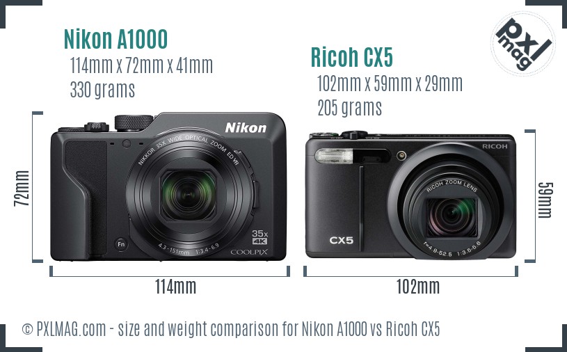 Nikon A1000 vs Ricoh CX5 size comparison