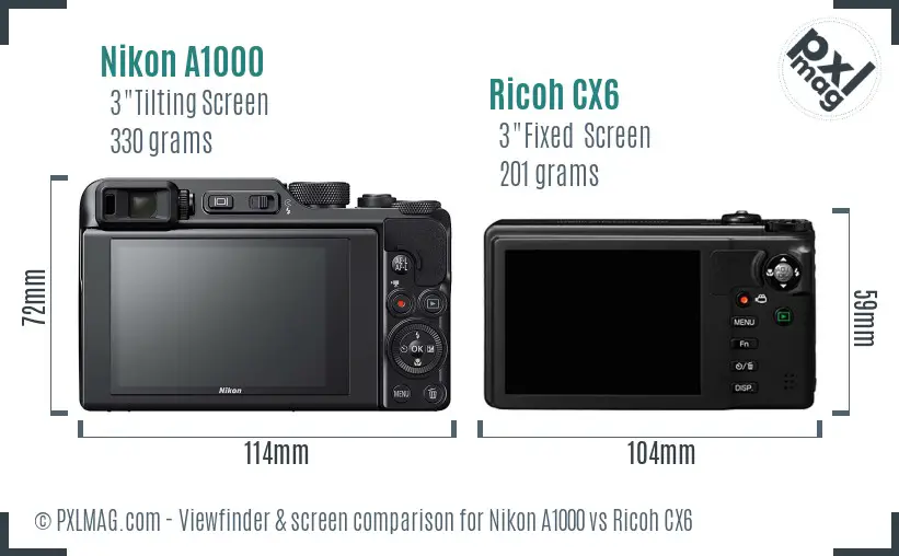 Nikon A1000 vs Ricoh CX6 Screen and Viewfinder comparison