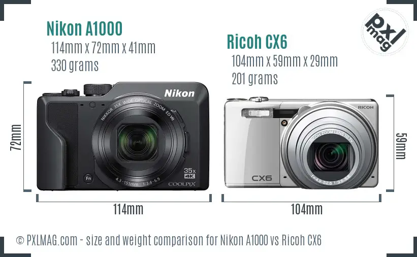 Nikon A1000 vs Ricoh CX6 size comparison