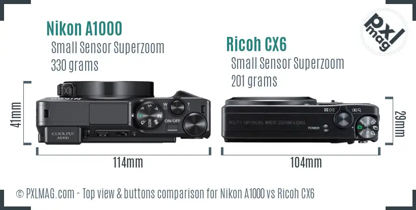 Nikon A1000 vs Ricoh CX6 top view buttons comparison