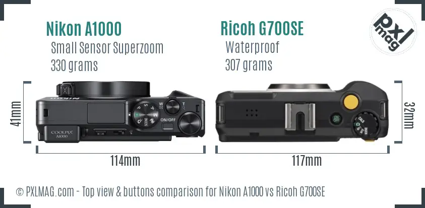 Nikon A1000 vs Ricoh G700SE top view buttons comparison Nikon A1000 vs Ricoh G700SE top view buttons comparison