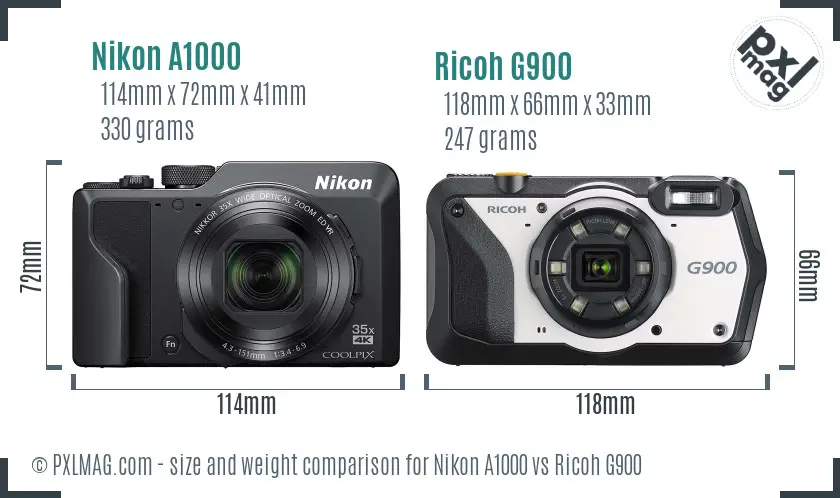 Nikon A1000 vs Ricoh G900 size comparison